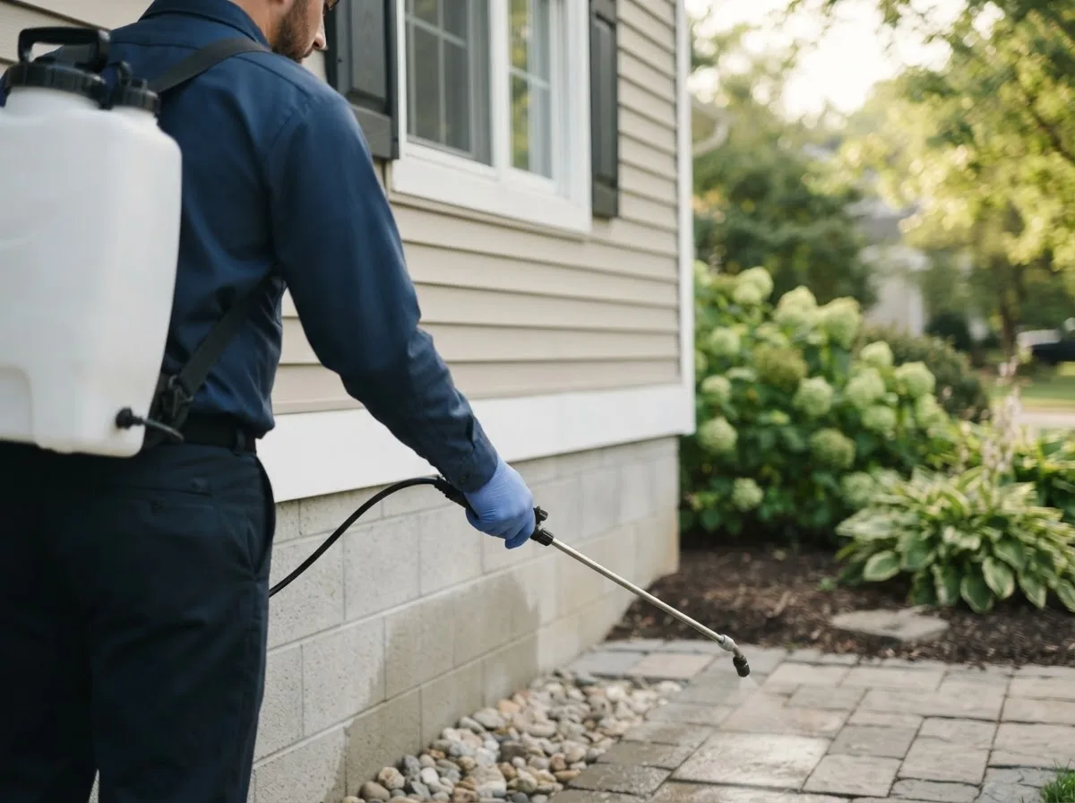Pest control technician inspecting a home in Midwest City, OK